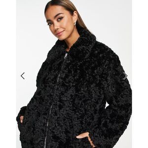 Monki Womens Curly Faux Fur Boxy Jacket in Black Size Small EUC